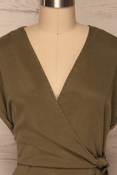 Larino Khaki Short Sleeve Faux-Wrap Dress | La petite garçonne front close up