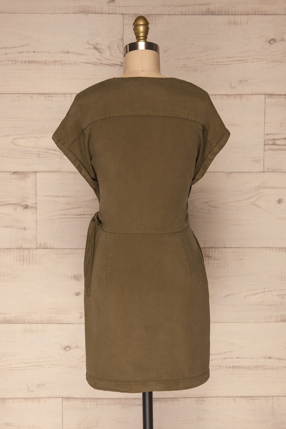 Larino Khaki Short Sleeve Faux-Wrap Dress | La petite garçonne back view