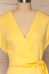 Larino Yellow Short Sleeve Faux-Wrap Dress | La petite garçonne front close up