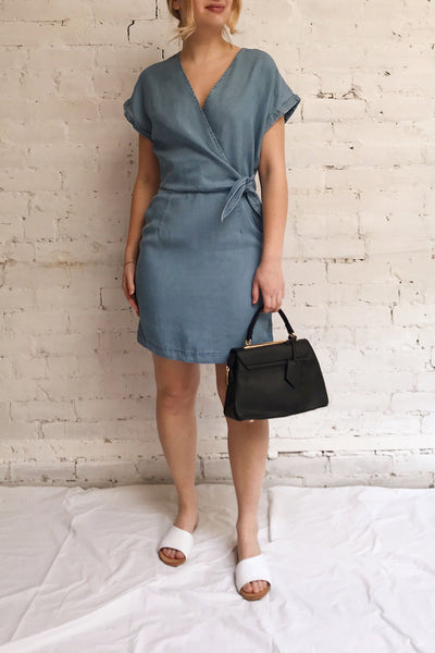 Larino Blue Short Sleeve Faux-Wrap Dress | La petite garçonne model look