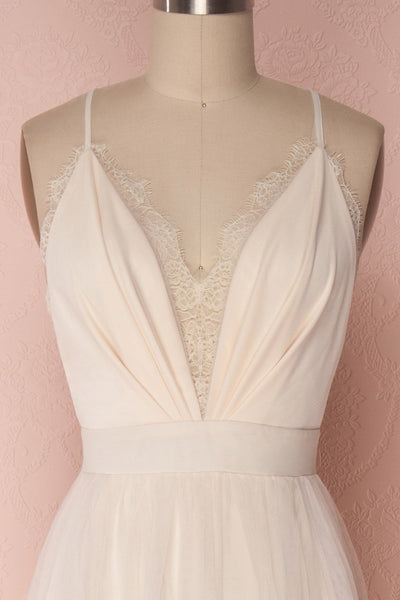 Laycy Ice | Cream Mesh Gown with Plunging Neckline