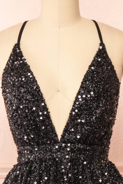 Layla Black Backless Short Sequin Dress | Boutique 1861 front close-up