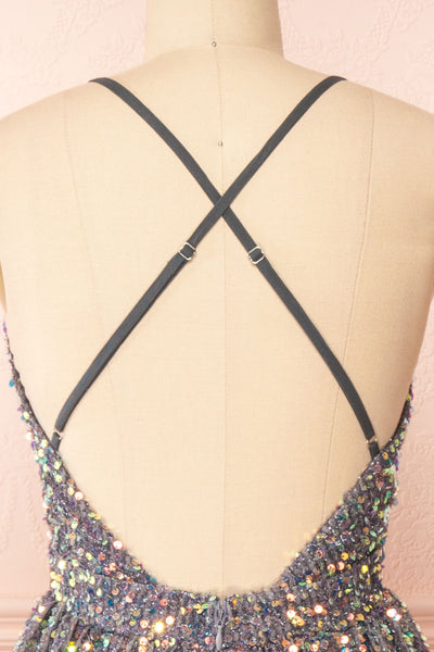 Layla Grey Backless Short Sequin Dress | Boutique 1861 back close-up