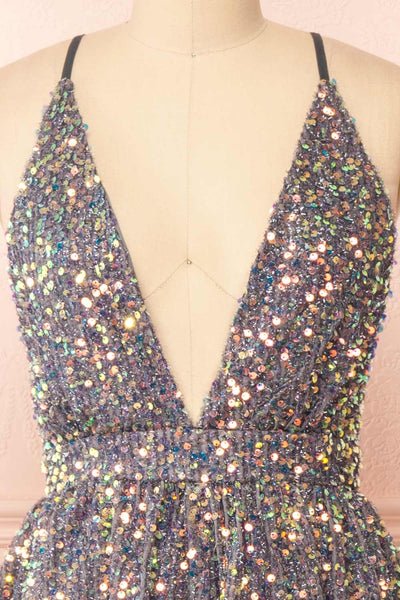 Layla Grey Backless Short Sequin Dress | Boutique 1861 front close-up