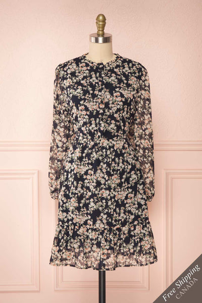 Leanne Black Long Sleeve Floral Dress | Boutique 1861 front view