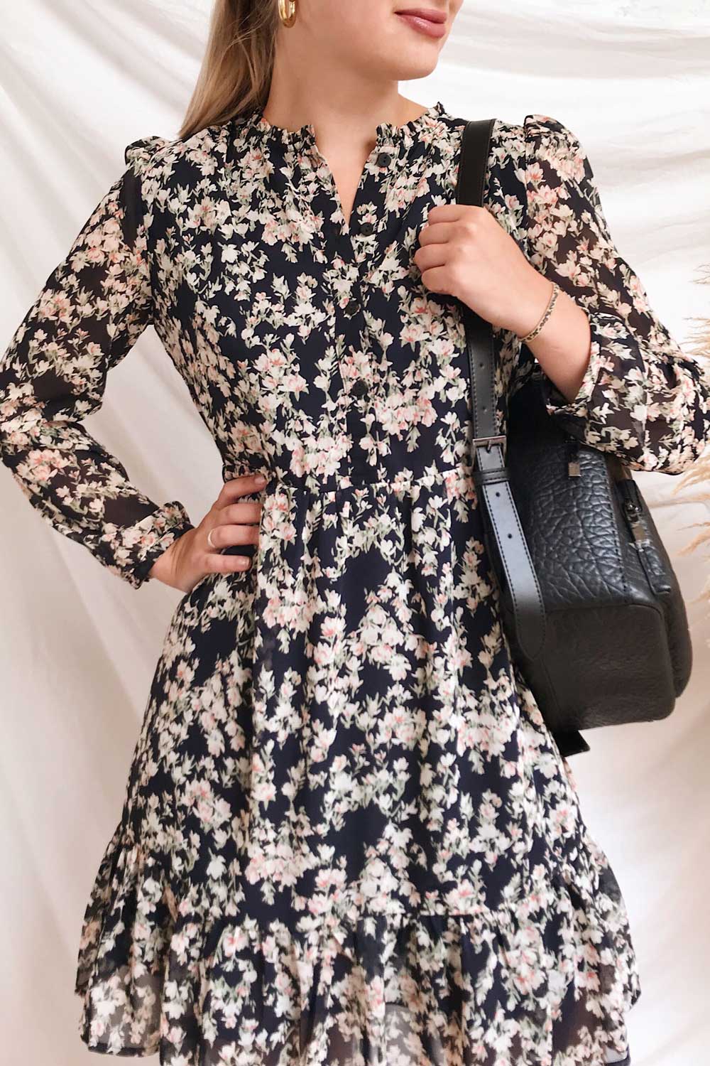 Leanne Black Long Sleeve Floral Dress | Boutique 1861 on model