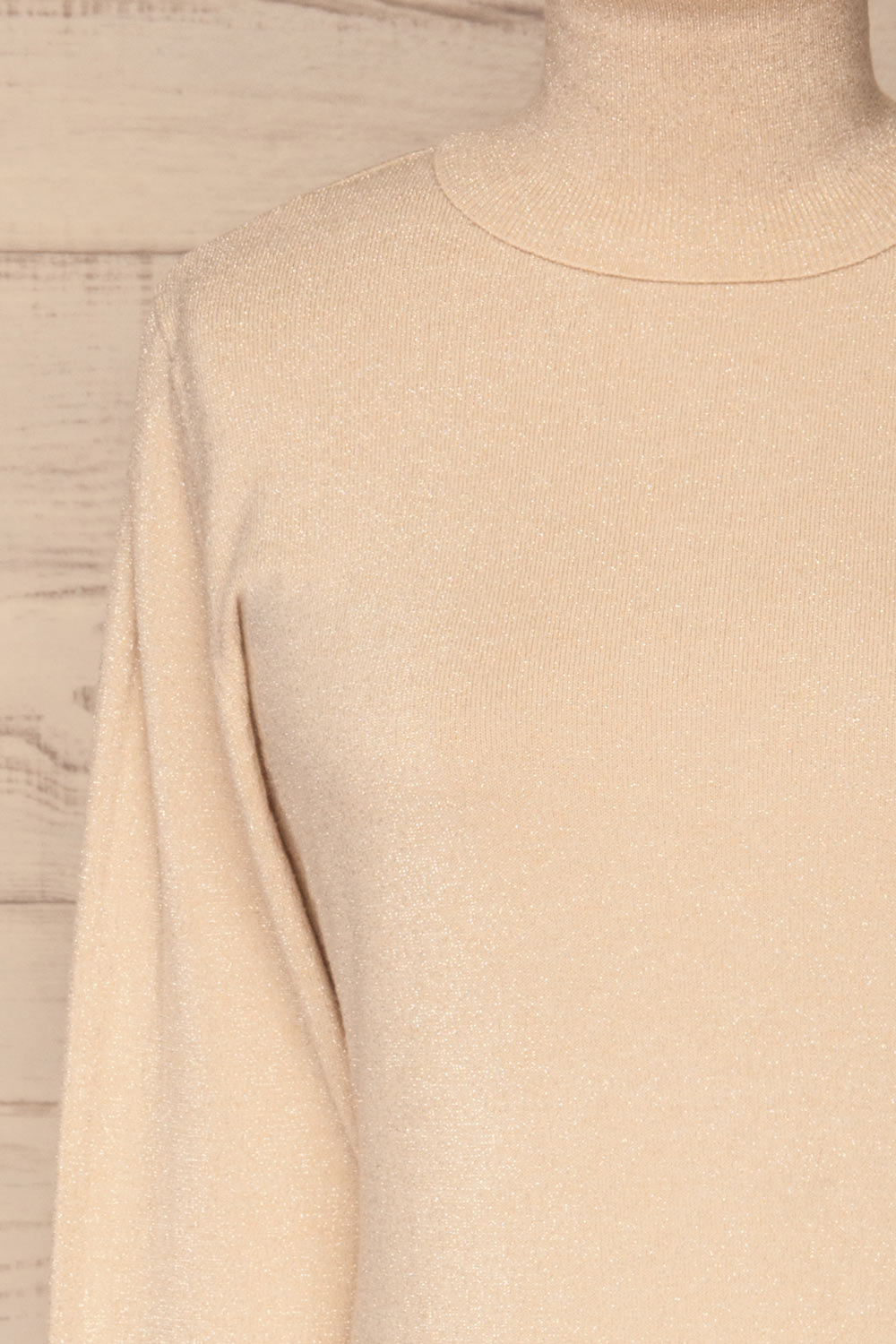 Lecco Beige Sparkling Turtleneck Top | La petite garçonne  front close-up