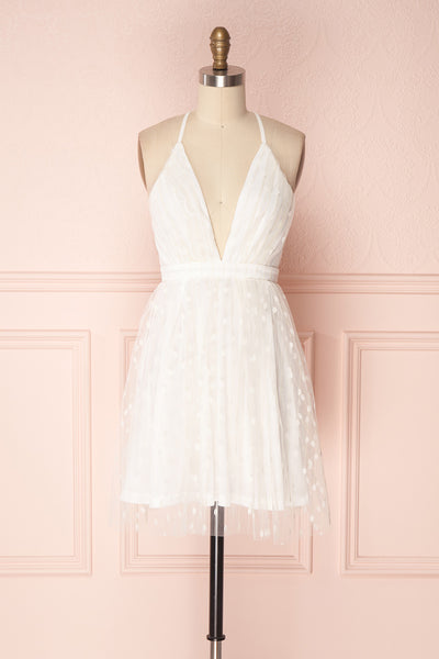 Lenore White Plunging Neckline Patterned Tulle Dress | Boudoir 1861