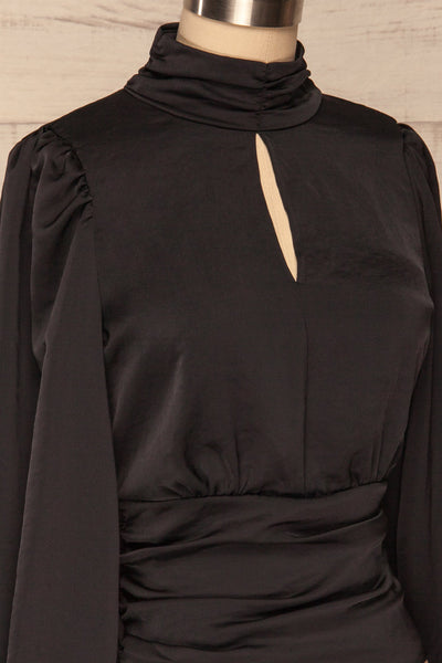 Lentini Onyx Black Long Sleeved Satin Top | La Petite Garçonne side close-up