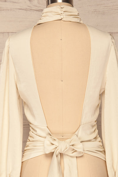 Lentini Pearl Beige Long Sleeved Satin Top | La Petite Garçonne back close-up