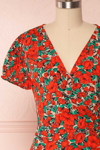 Leocadia Red Floral Midi Wrap Dress front close up | Boutique 1861