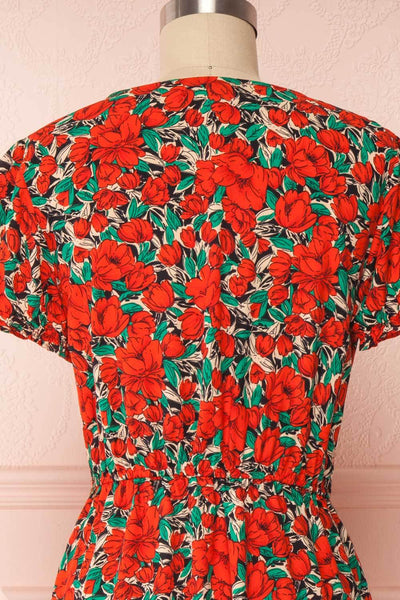 Leocadia Red Floral Midi Wrap Dress back close up | Boutique 1861