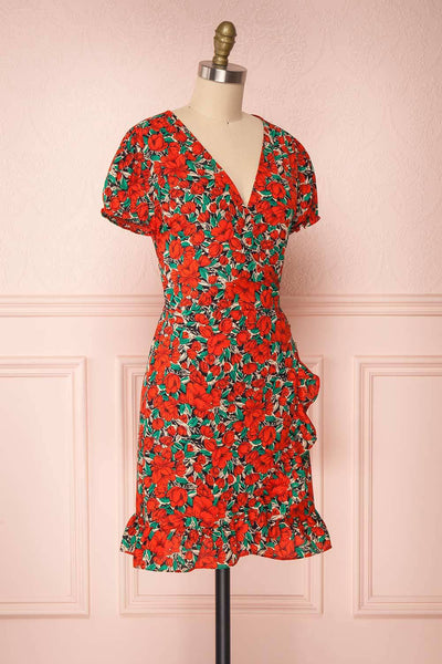 Leocadia Red Floral Midi Wrap Dress side view | Boutique 1861