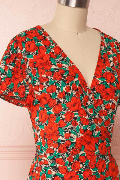 Leocadia Red Floral Midi Wrap Dress side close up | Boutique 1861
