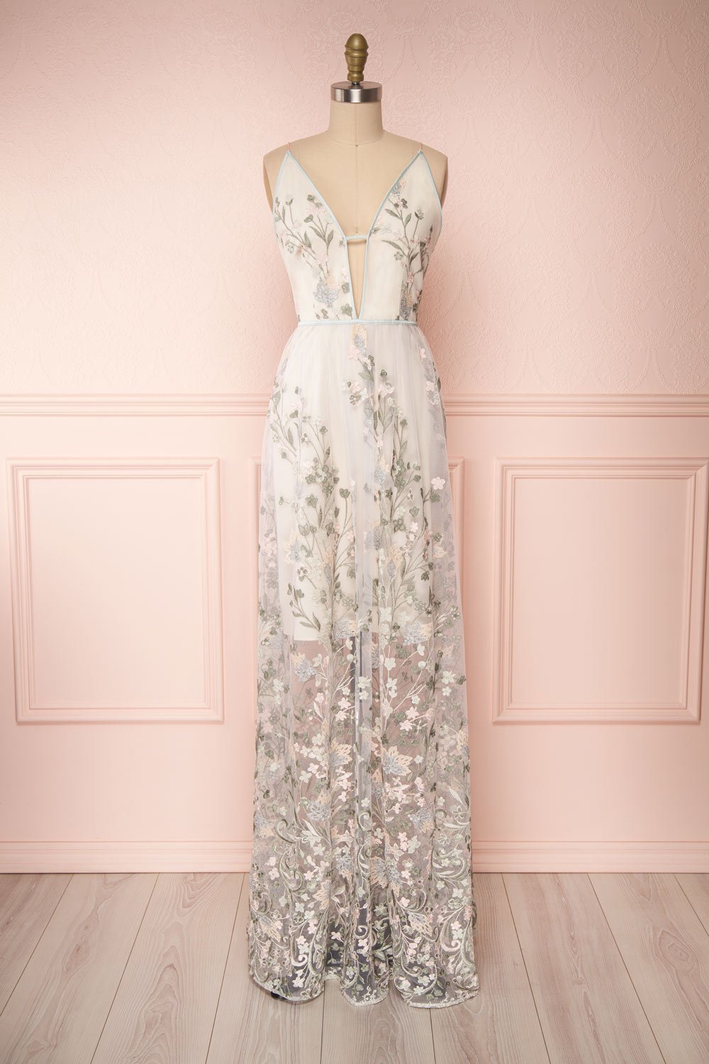 Leontine Sage Floral Embroidered Maxi Dress | Boutique 1861
