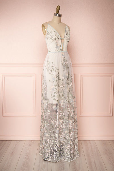 Leontine Sage Floral Embroidered Maxi Dress side view | Boutique 1861