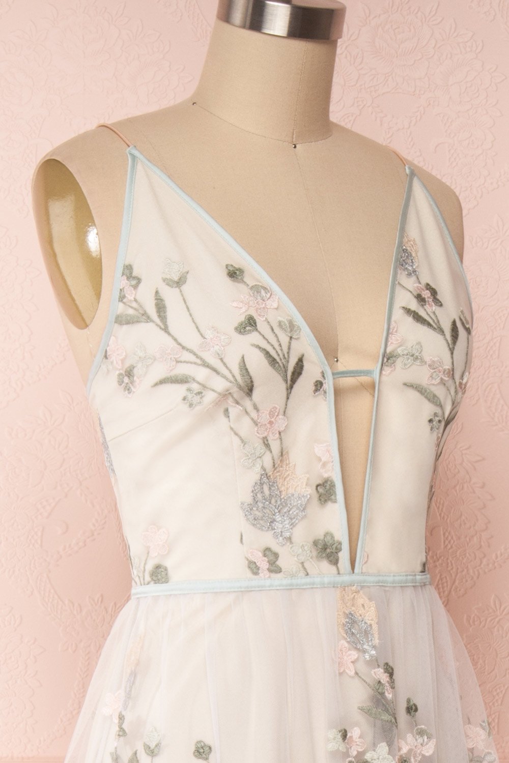 Leontine Sage Floral Embroidered Maxi Dress side close up | Boutique 1861