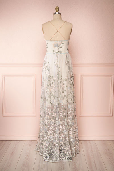 Leontine Sage Floral Embroidered Maxi Dress back view | Boutique 1861