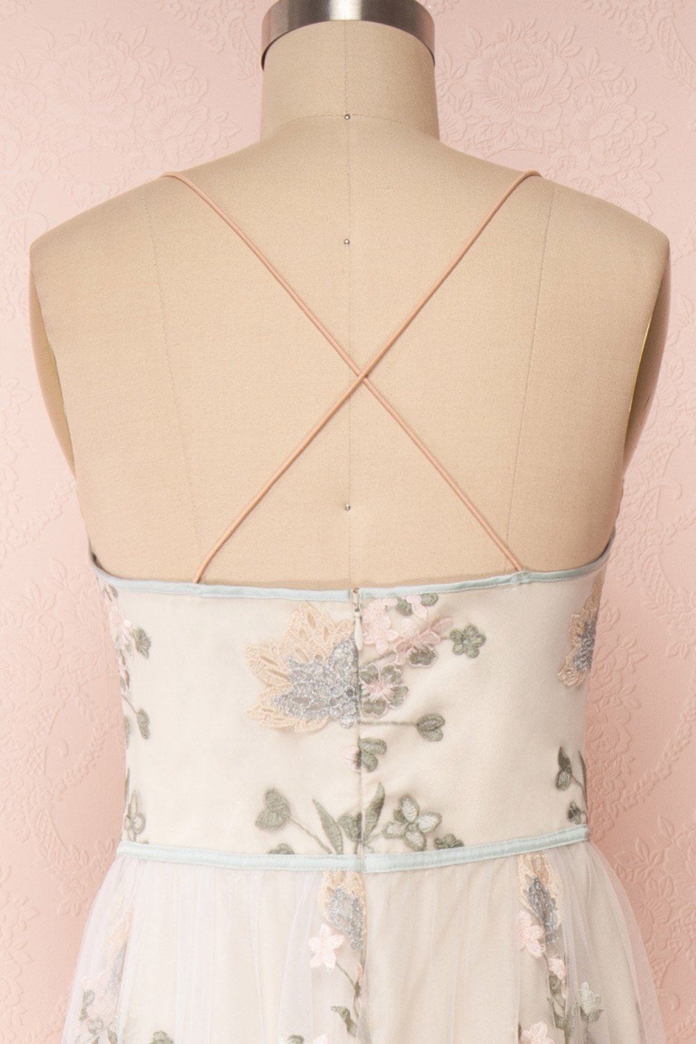 Leontine Sage Floral Embroidered Maxi Dress back close up | Boutique 1861