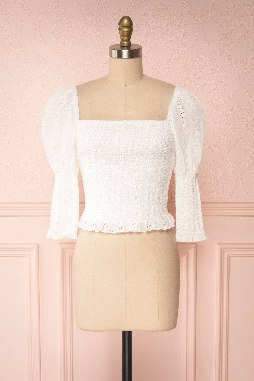 Leskovac White 3/4 Sleeve Openwork Crop Top front view | Boutique 1861