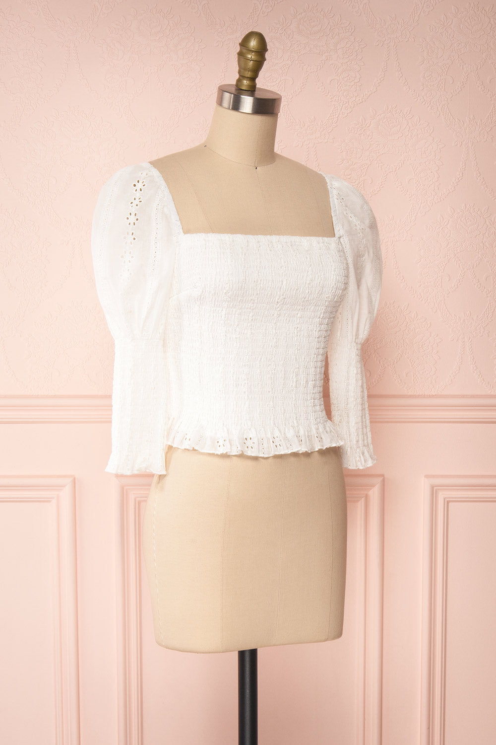 Leskovac White 3/4 Sleeve Openwork Crop Top side view | Boutique 1861