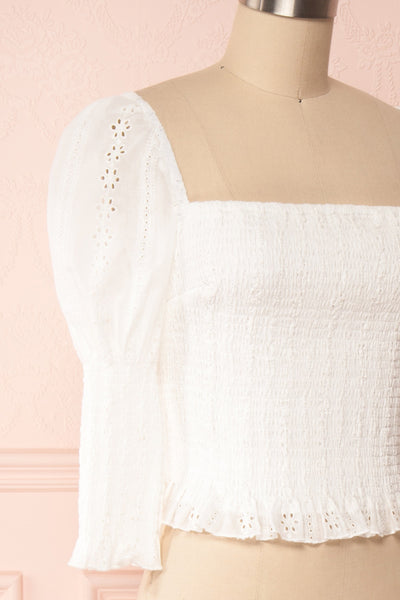 Leskovac White 3/4 Sleeve Openwork Crop Top side close up | Boutique 1861