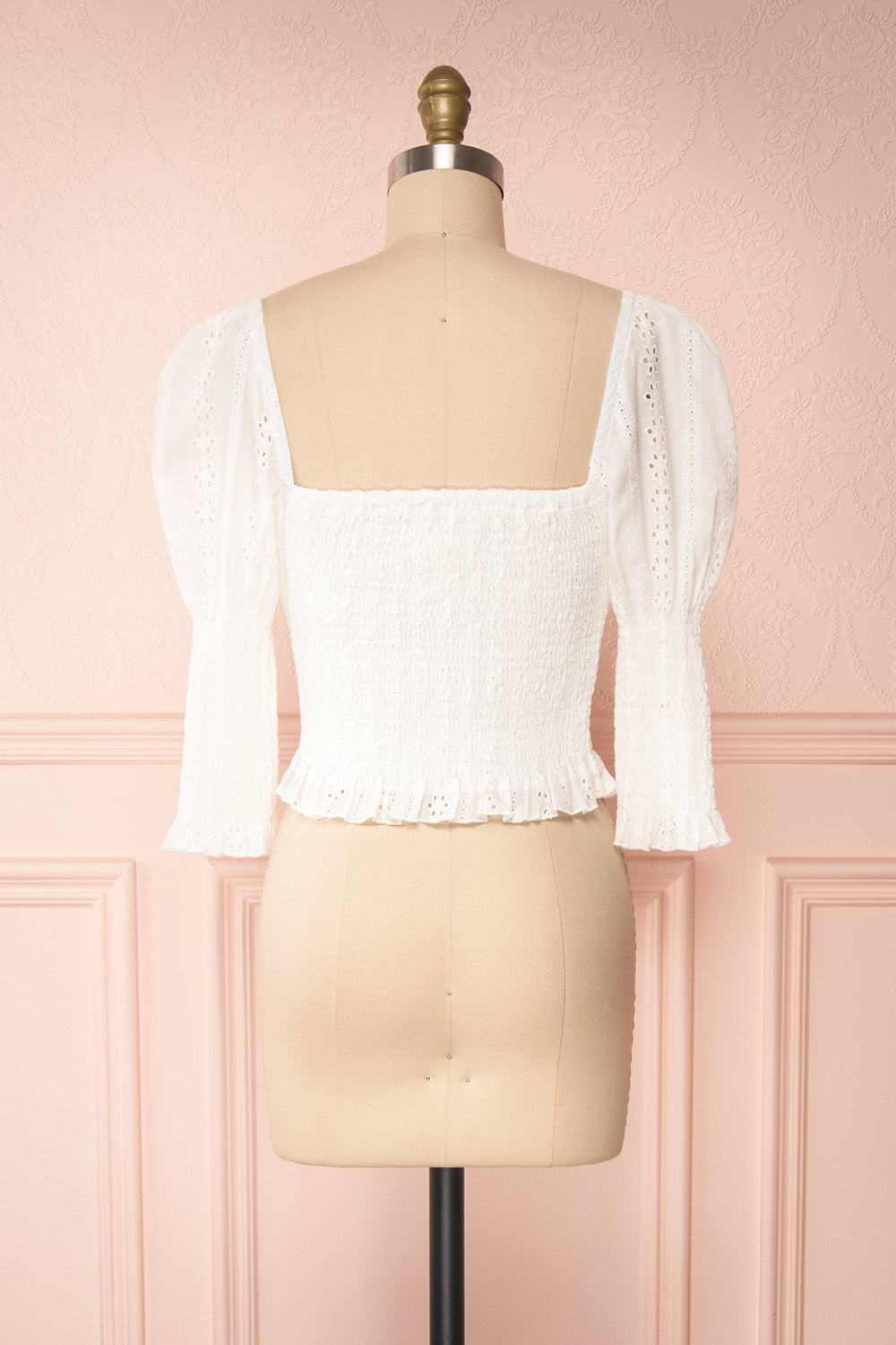 Leskovac White 3/4 Sleeve Openwork Crop Top back view | Boutique 1861