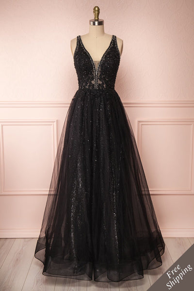 Letha Black Tulle & Beaded Gown | Robe Maxi front FS | Boutique 1861