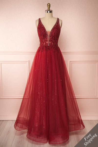 Letha Wine Tulle & Beaded Gown | Robe Maxi front view FS | Boutique 1861