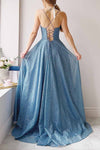 Lexy Blue Grey Sparkly Cowl Neck Maxi Dress | Boutique 1861 back model