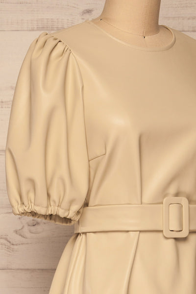 Limassol Beige Faux-Leather Short Dress | La petite garçonne  side close-up