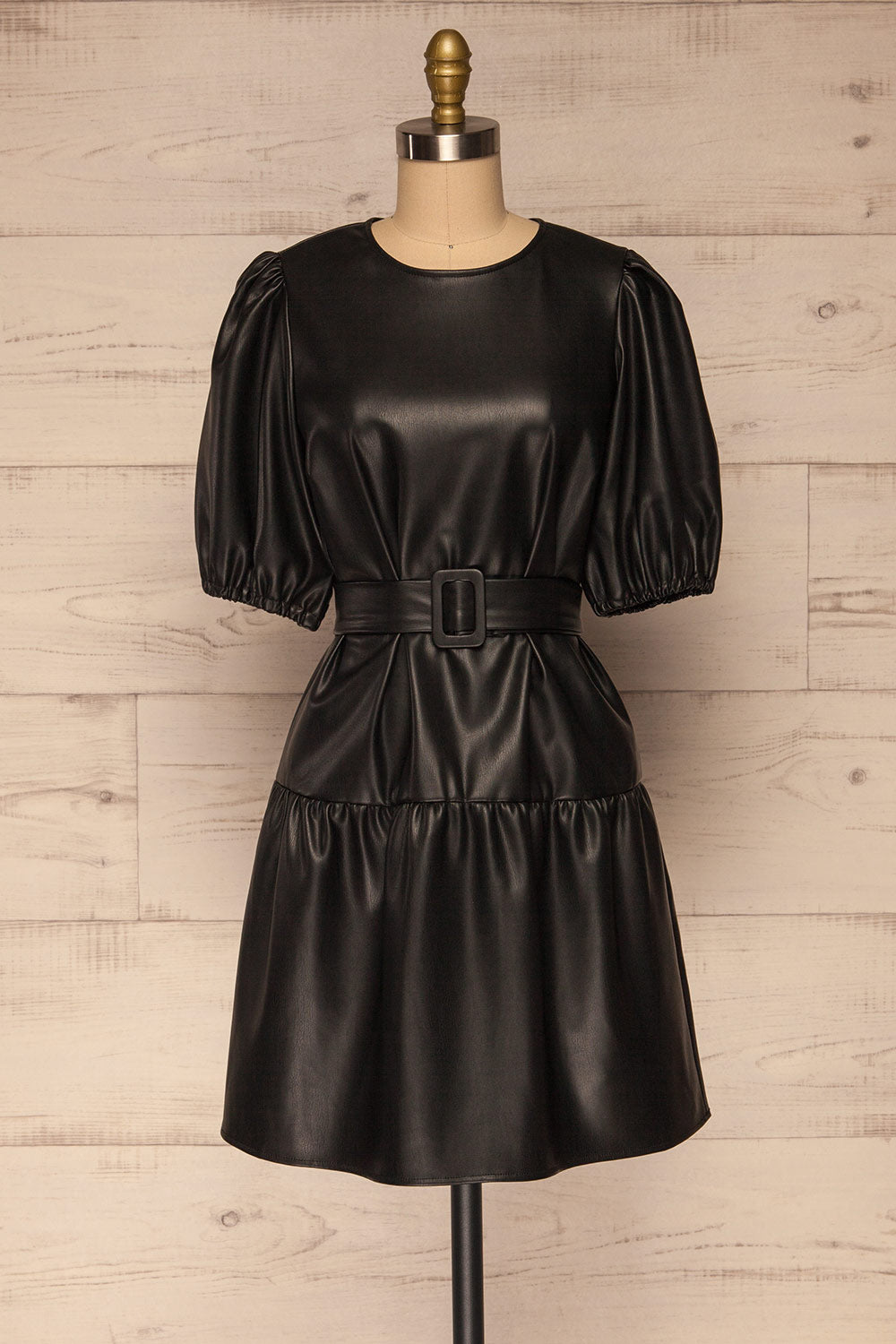 Limassol Black Faux-Leather Short Dress | La petite garçonne  front view 