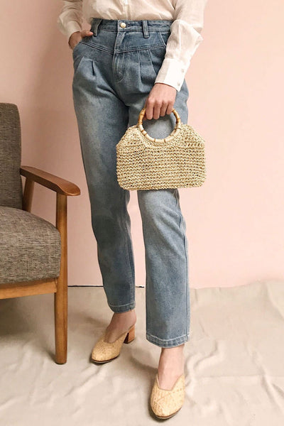 Limerick Small Beige Woven Paper Handbag | La Petite Garçonne on model