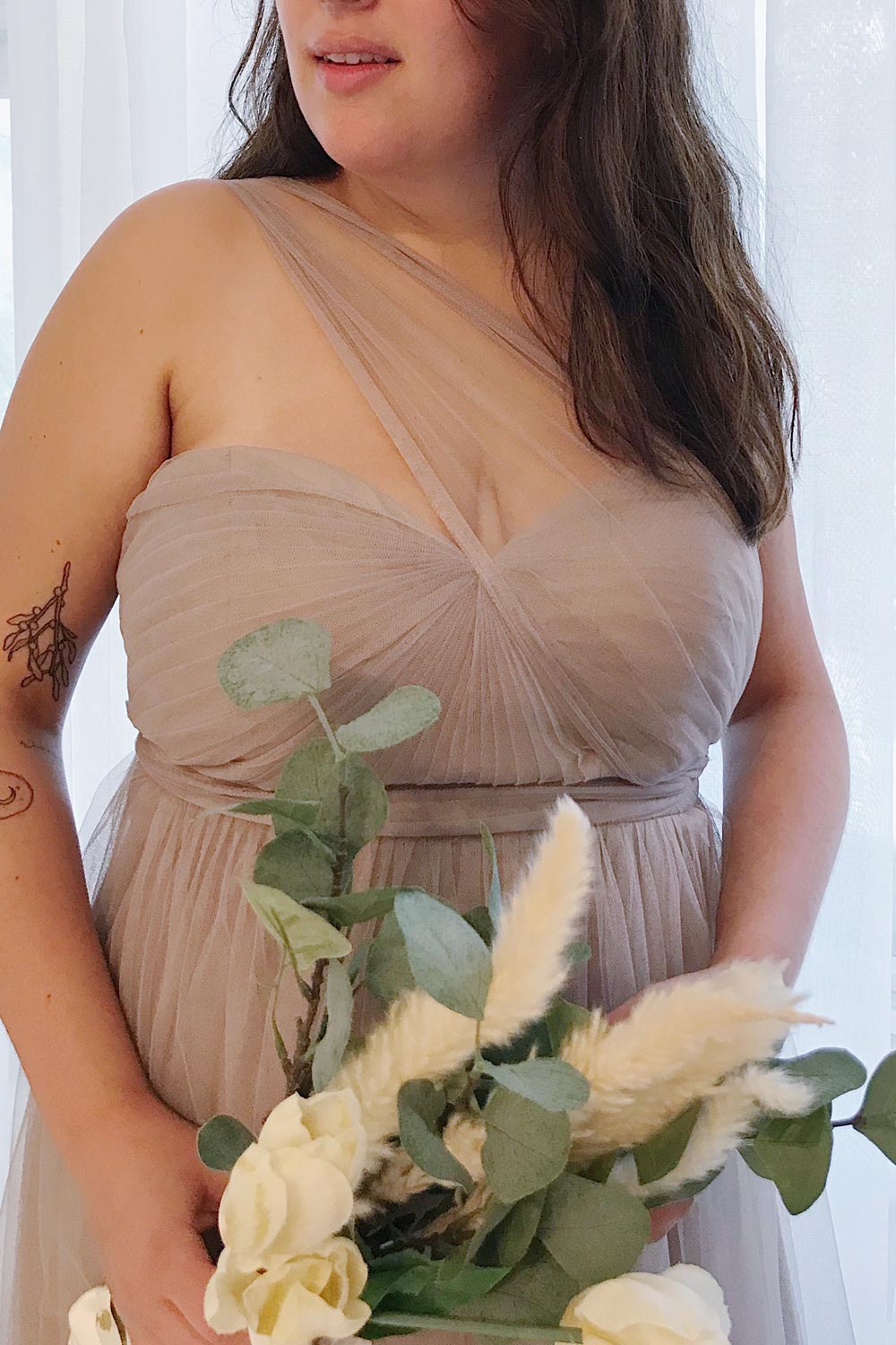 Linaya Sand Taupe Draped Bustier Empire Gown | Boudoir 1861 model duo