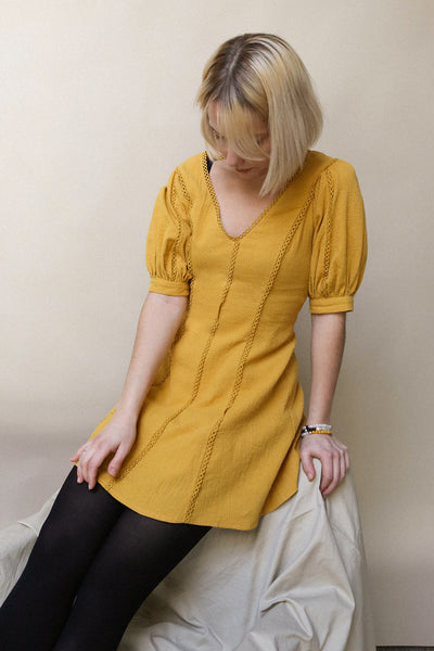 Liosia Mustard Yellow Puff Sleeved Summer Dress | La Petite Garçonne