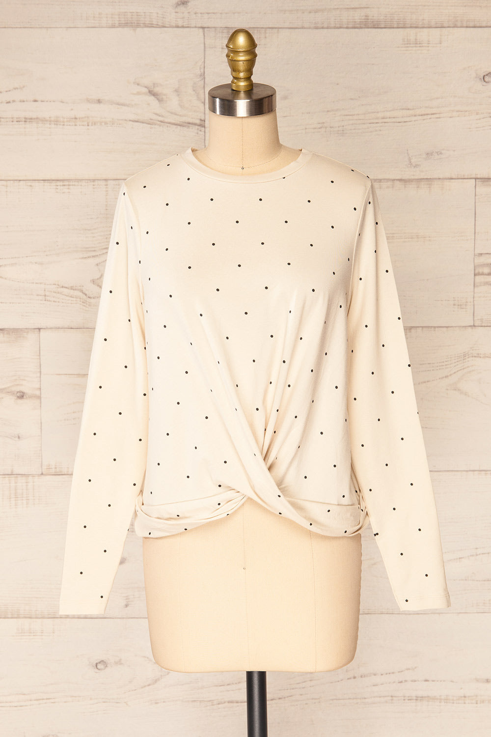 Liski Beige Polka Dot Knotted Top | La petite garçonne front view 