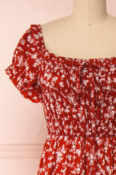 Lison Red Floral Off-Shoulder Midi Dress | Boutique 1861 front close-up