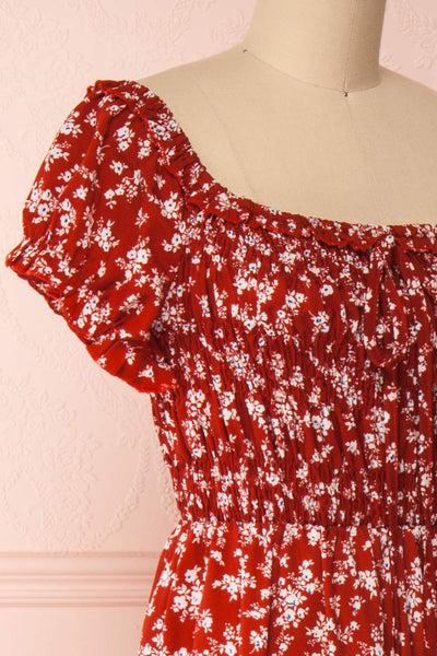 Lison Red Floral Off-Shoulder Midi Dress | Boutique 1861 side close-up