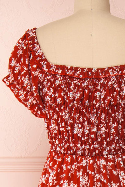 Lison Red Floral Off-Shoulder Midi Dress | Boutique 1861 back close-up