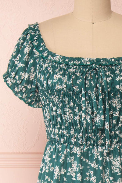 Lison Teal Blue-Green Off-Shoulder Midi Dress | Boutique 1861 front close-up