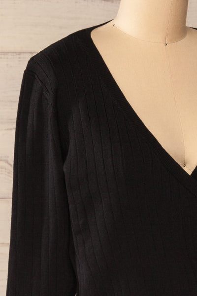 Lixa Black Faux-Wrap Long Sleeve Top | La petite garçonne side close-up