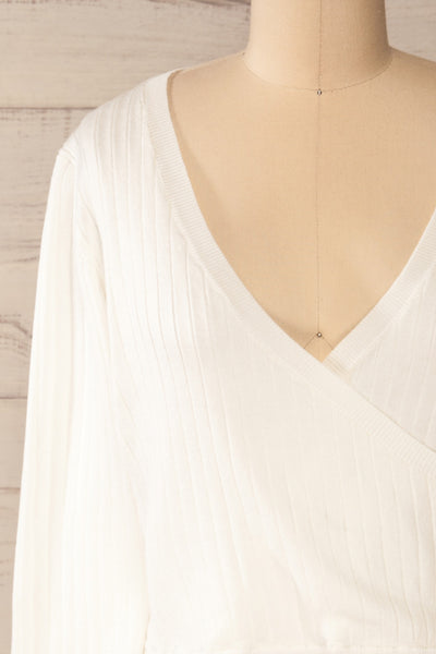 Lixa Ivory Orange Faux-Wrap Long Sleeve Top | La petite garçonne front close-up