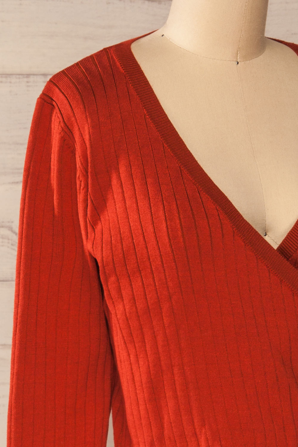 Lixa Rust Orange Faux-Wrap Long Sleeve Top | La petite garçonne side close-up