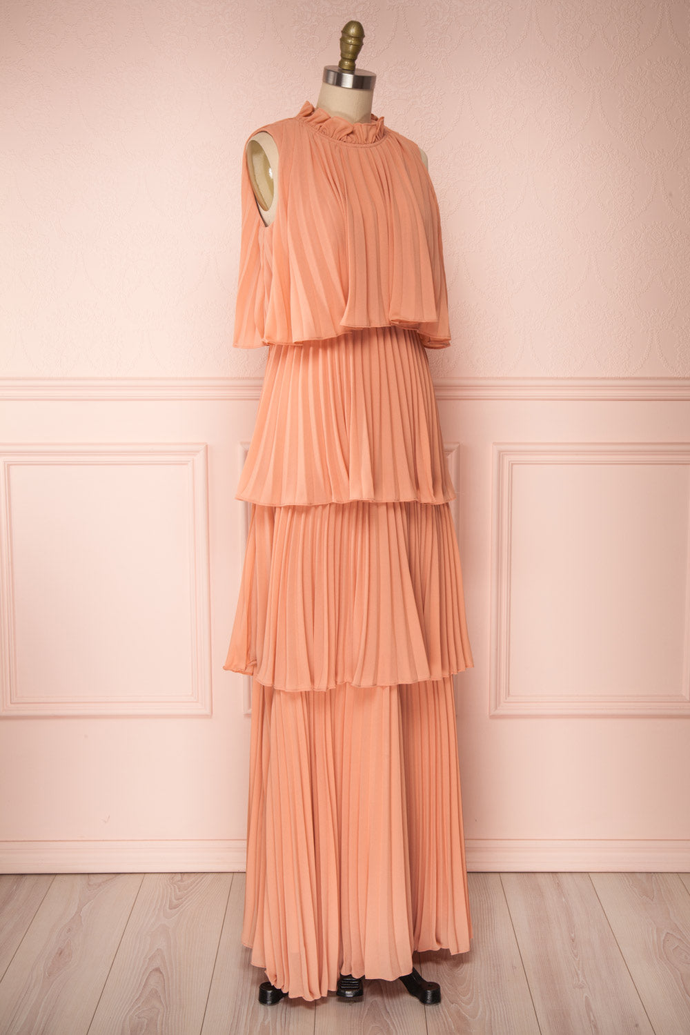 Lizbeth Coral Pleated Maxi Dress w/ Frills | La petite garçonne side view