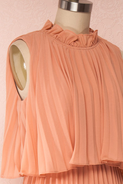 Lizbeth Coral Pleated Maxi Dress w/ Frills | La petite garçonne side close up