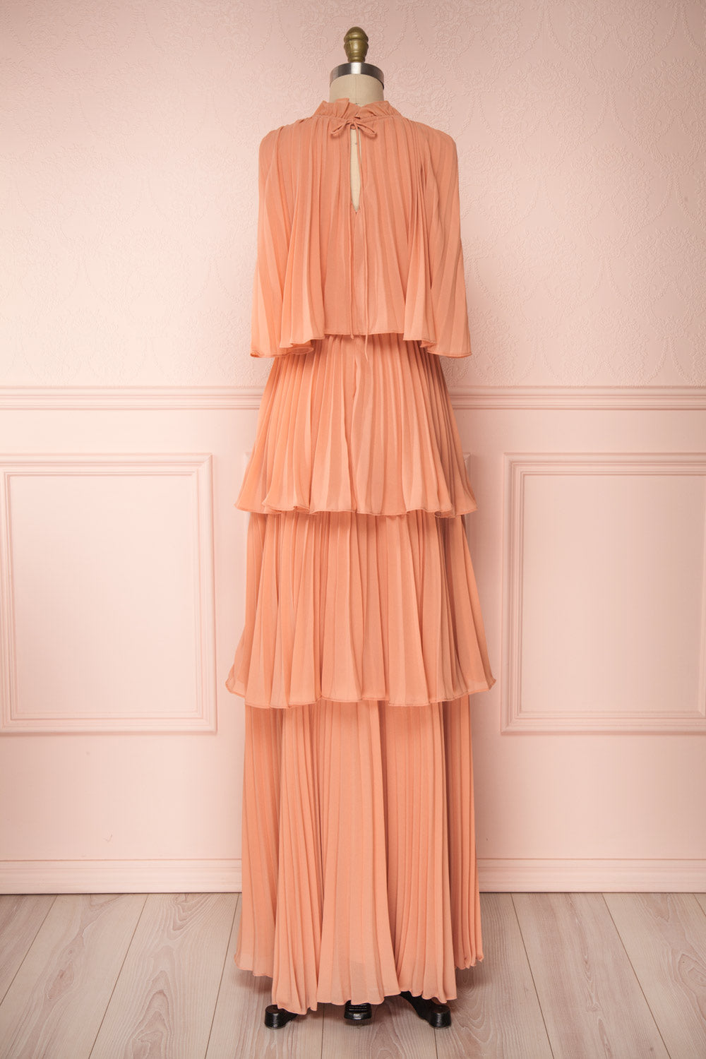 Lizbeth Coral Pleated Maxi Dress w/ Frills | La petite garçonne back view