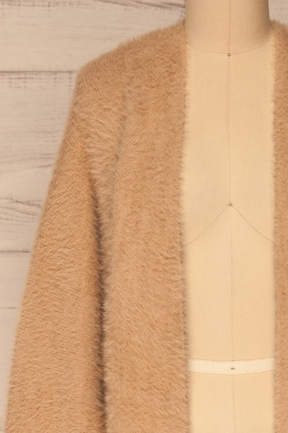 Lodzki Beige Long Fuzzy Cardigan | La petite garçonne  front close-up