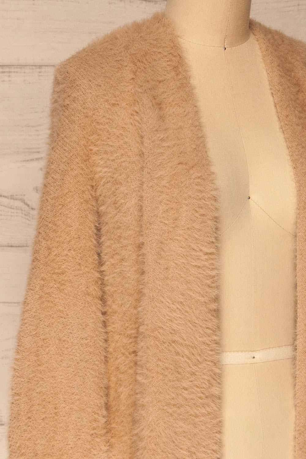 Lodzki Beige Long Fuzzy Cardigan | La petite garçonne  side close-up