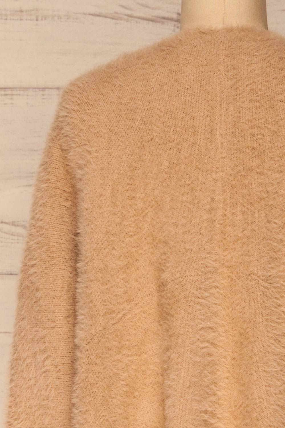 Lodzki Beige Long Fuzzy Cardigan | La petite garçonne  back close-up