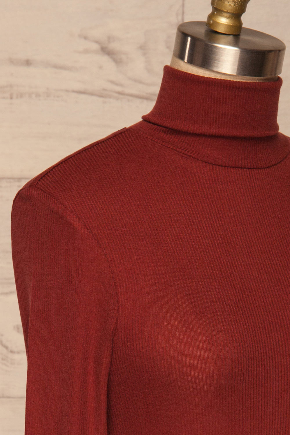 Loksa Brick Red Turtleneck | Haut Rouge side close up | La Petite Garçonne